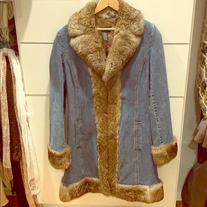 Jean jacket with rabbit fur collar and cuffs